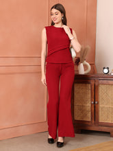 Exude Power in Motion Side and Shoulder Pleat Top Paired with Bootcut Trousers (Red)